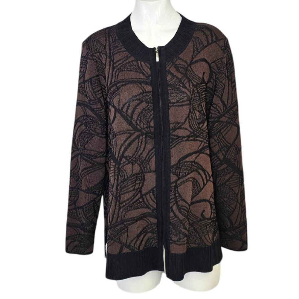 Exclusively Misook Womens Full Zip Long Sleeve Sweater, Pattern, Stretch, Brown